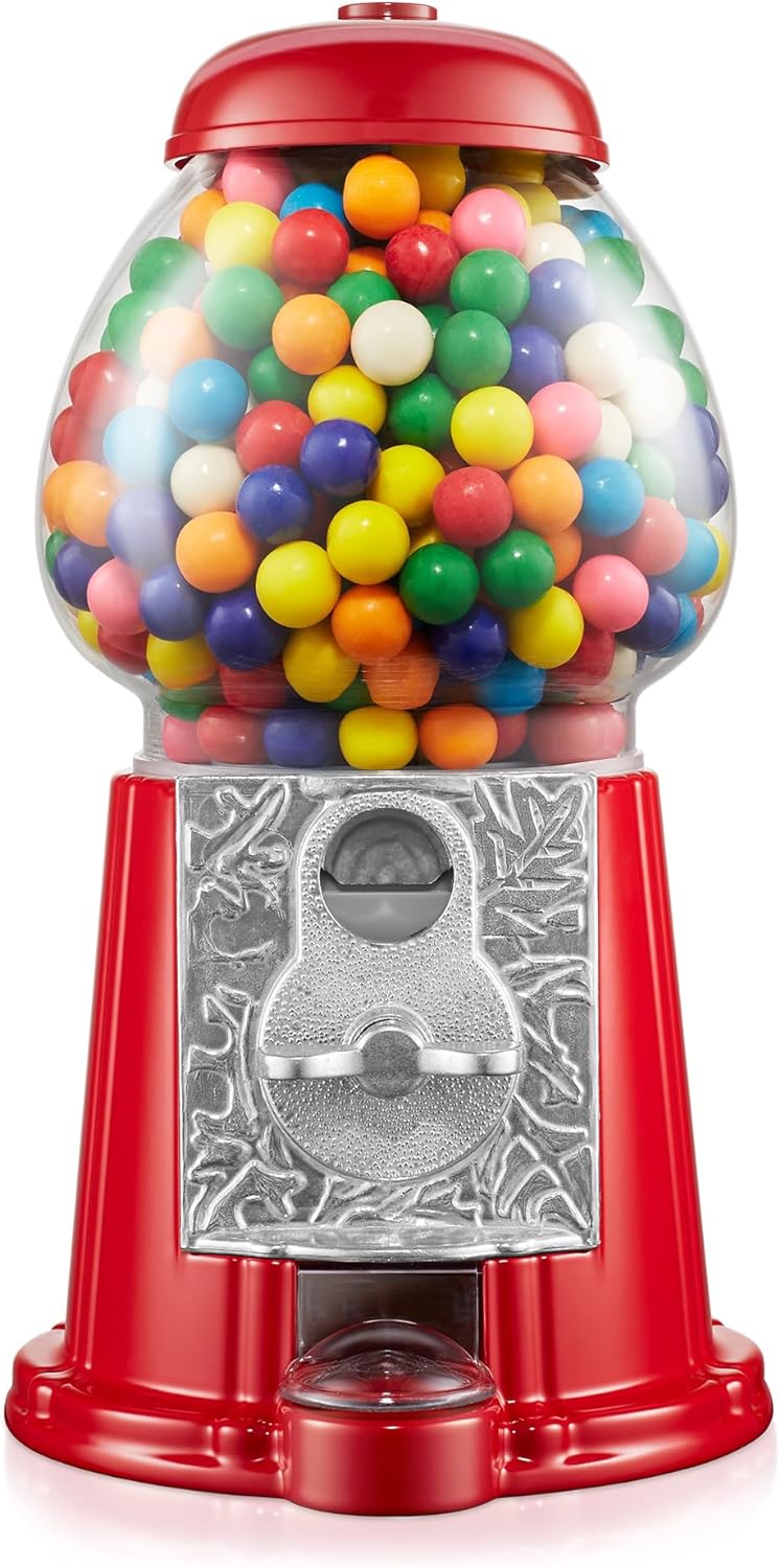 Olde Midway 12" Gumball Machine with Glass Globe and Metal Base - Red, Vintage-Style Bubble Gum Candy Dispenser