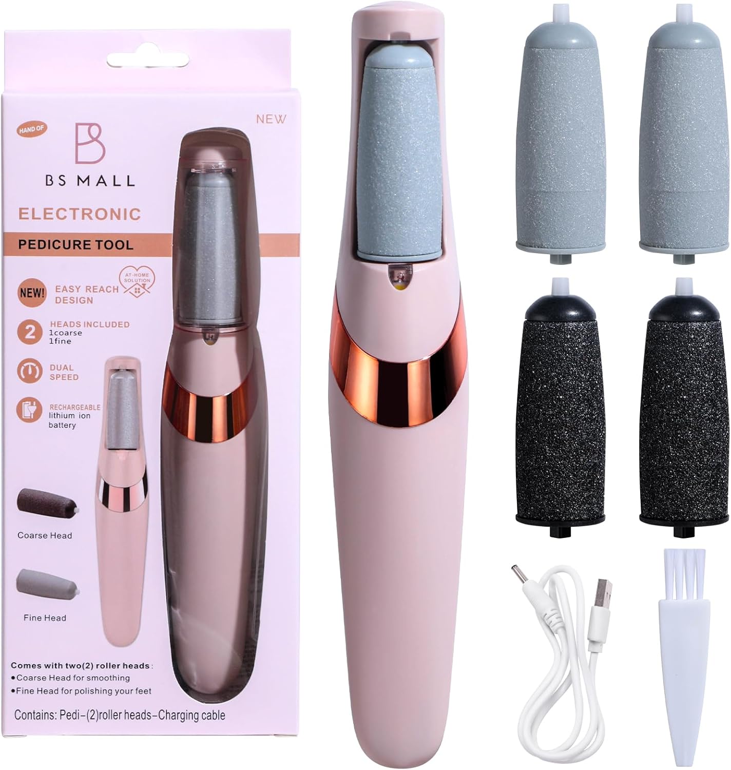 BS-MALL Electric Foot File - Powerful 2-in-1 Pedicure Tool for Dead Skin Removal, Stay Refreshed with Dual Grinding Wheels & USB Data Line