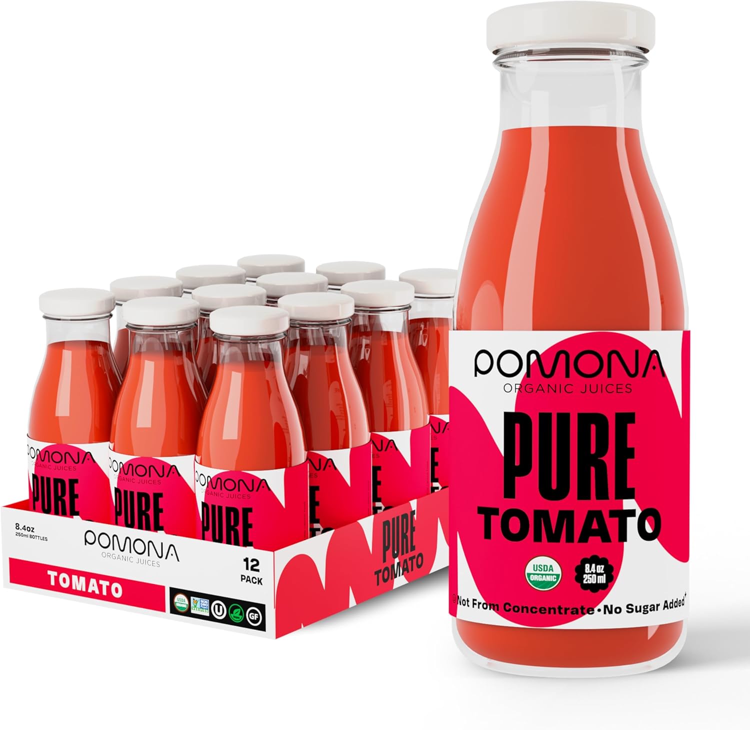 Pomona Organic Juices Pure Tomato Juice, 8.4 Ounce Bottle (Pack of 12), Cold Pressed Organic Juice, Non-GMO, No Sugar Added, Not from Concentrate, Gluten Free, Kosher Certified, Preservative Free