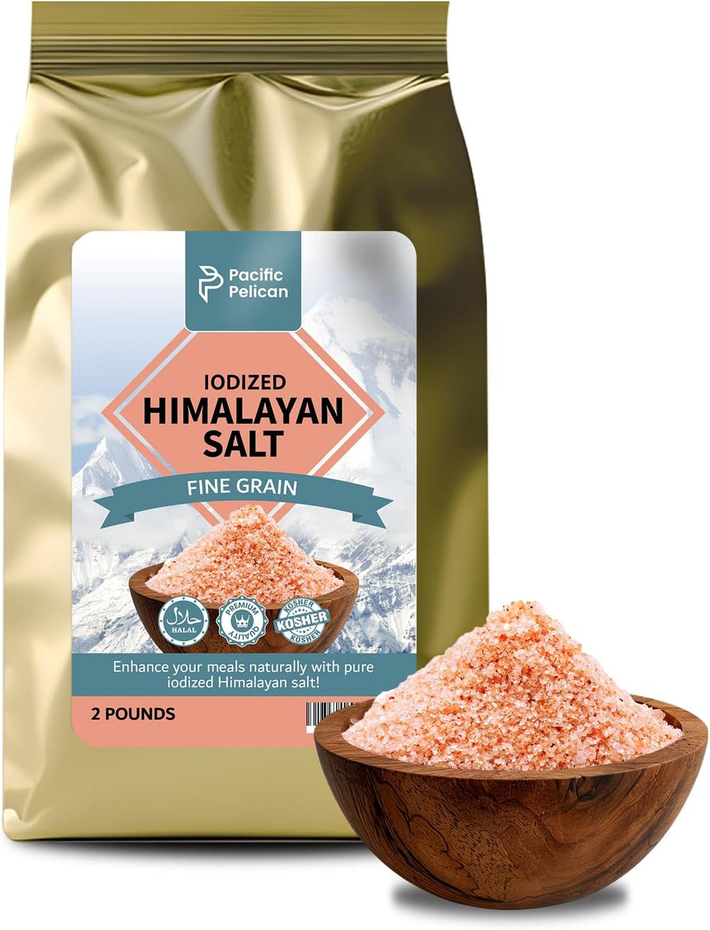 Pacific Pelican Iodized Himalayan Pink Salt | Fine Grain, Unrefined, Pure Rock Salt | 2 Pounds | 100% Natural & Organic for Cooking, Seasoning & Wellness