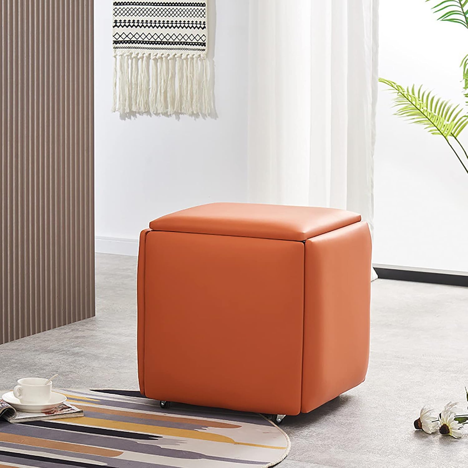 5 in 1 Nesting Ottoman Cube Chair Stackable Stools Faux Pu Small Square Foot Rest Stools with Wheels for Living Room Dining Room 35 * 35 * 35Cm,B-45 * 45 * 45CM