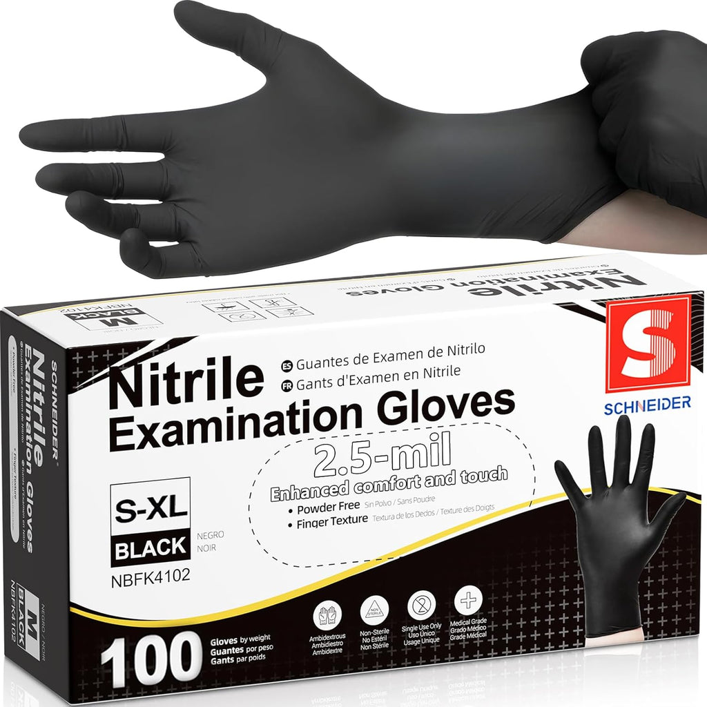 Schneider Black Nitrile Gloves, Powder Free, Disposable Gloves Latex Free for Medical Exam, Food Prep & Cleaning