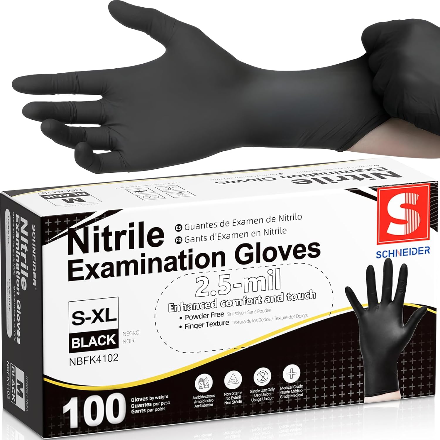 Schneider Black Nitrile Gloves, Powder Free, Disposable Gloves Latex Free for Medical Exam, Food Prep & Cleaning