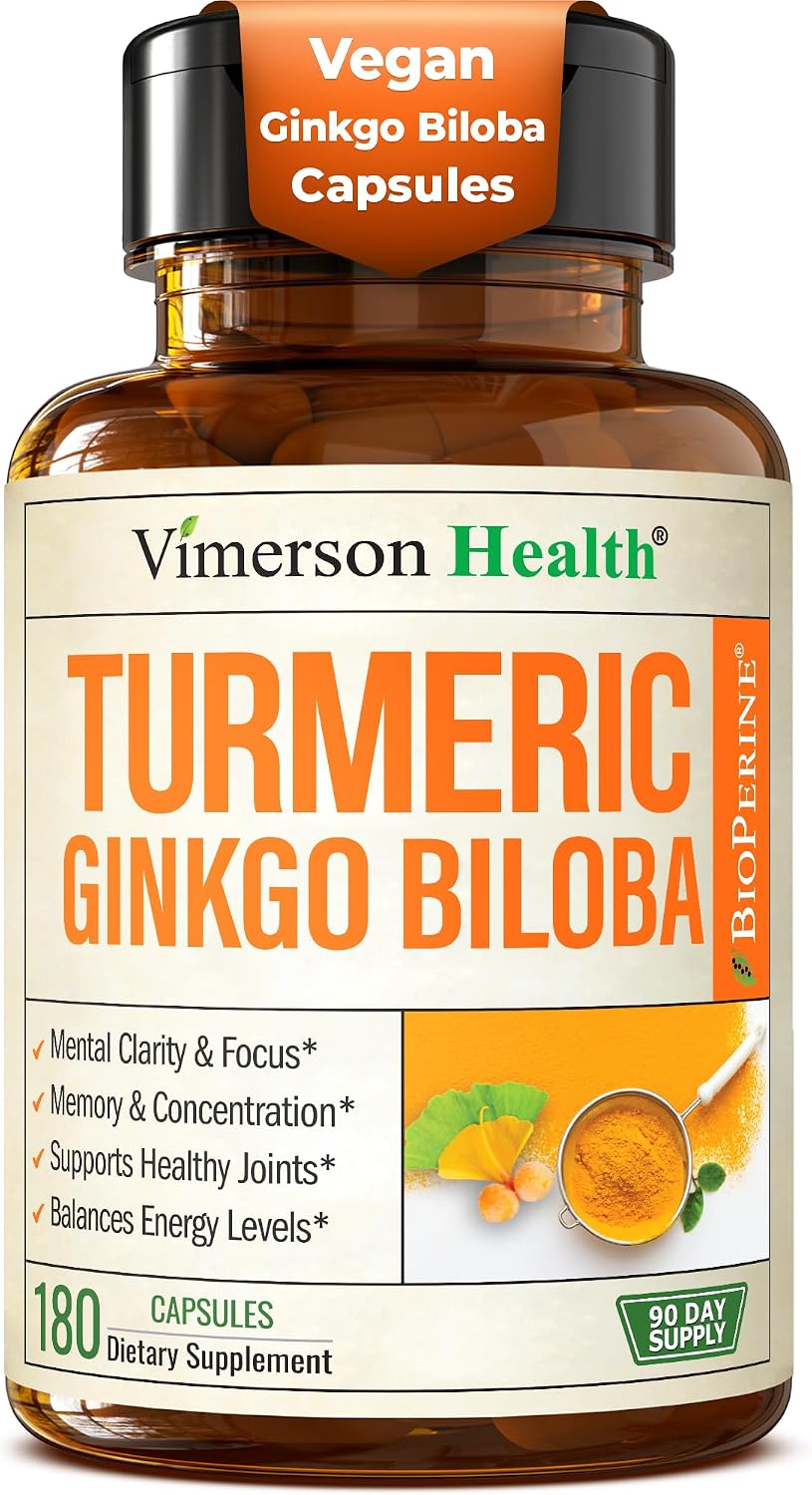 Ginkgo Biloba and Turmeric Curcumin Supplement with Black Pepper & Organic Tumeric – Natural Turmeric Supplement for Focus, Memory, Joint & Brain Health – 180 Vegan Ginko Biloba Capsules with Curcuma