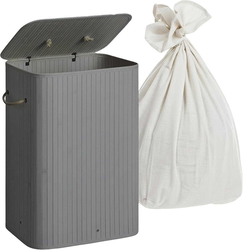 Relaxdays Laundry Basket with Lid, Bamboo, 80 Litres, Foldable Laundry Hamper, H x W x D: 60 x 40 x 30 cm, Grey