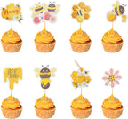 Arthsdite 24Pcs Bumble Bee Cupcake Toppers Flower Sweet Bee Honeycomb Cupcake Picks Flower Oh Babee Cake Picks for Bee theme Baby Shower Kids Boys Girls Birthday Party Cake Decorations Supplies