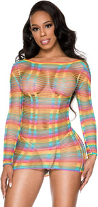 MUSIC LEGS Multi Net Rainbow Mini Dress with Vertical Stripes