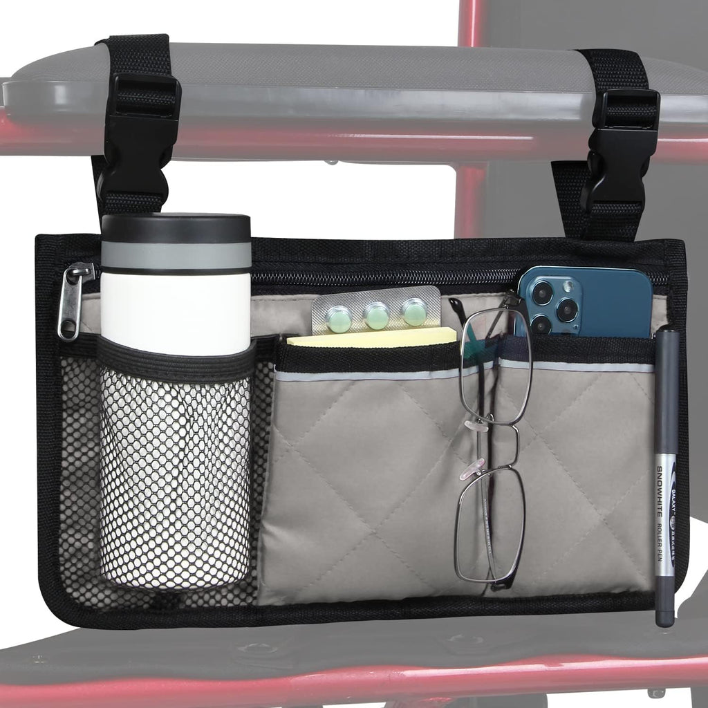 Wheelchair Side Bag, Armrest Storage Pouch with Cup Holder and Reflective Strip for Wheelchairs, Walkers or Rollators (Gray)