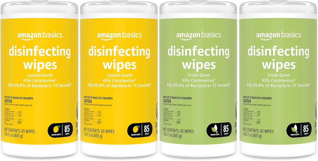 Amazon Basics Disinfecting Wipes, Lemon & Fresh Scent, Thick, Sanitizes/Cleans/Disinfects/Deodorizes, 340 Count (4 Packs of 85)