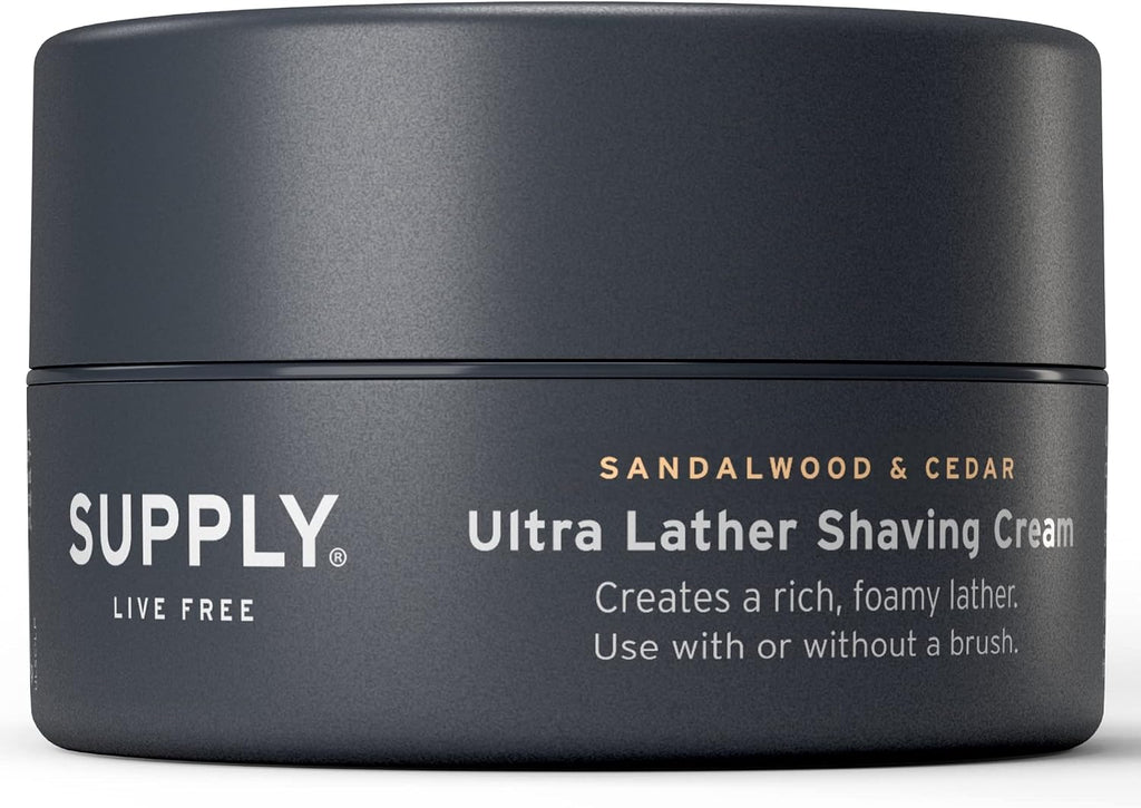 SUPPLY Ultra Lather Shaving Cream Sandalwood & Cedar - Hypoallergenic Formula for Men - 3.4 Oz Jar - Naturally Soothes and Protects, Guards Against Razor Burn and Irritation