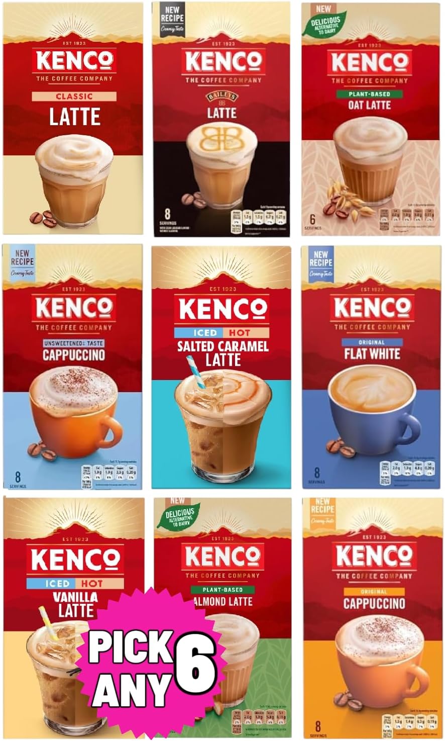 Kenco Instant Coffee Sachets - Pick Any 6 Packs From 9 Blends Including Almond, Vanilla, Oat, Baileys Latte, Cappuccino, Flat White, Iced Hot Salted Caramel