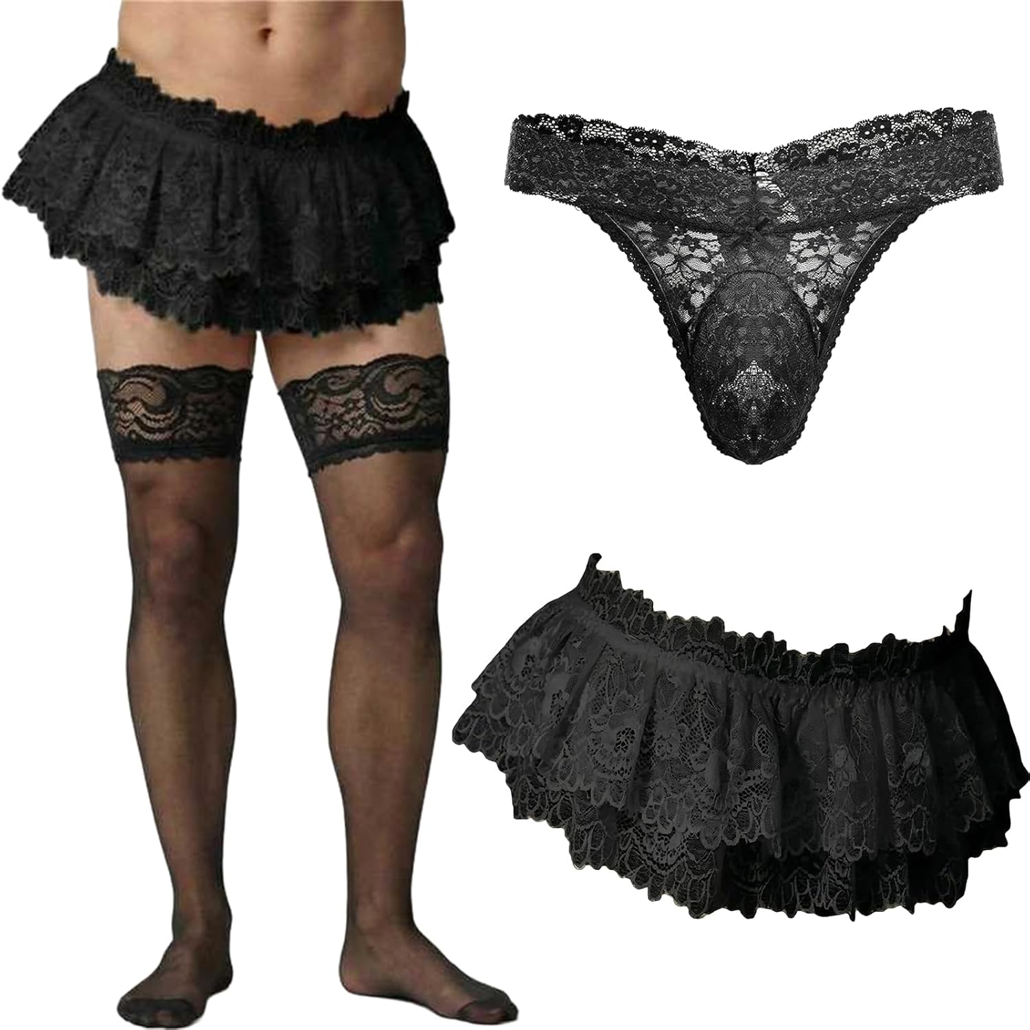 3 Pcs Sissy Accessories Men's Lace Skirt Thongs Panties Stockings Low Rise Lace Mesh Ruffled Lingerie