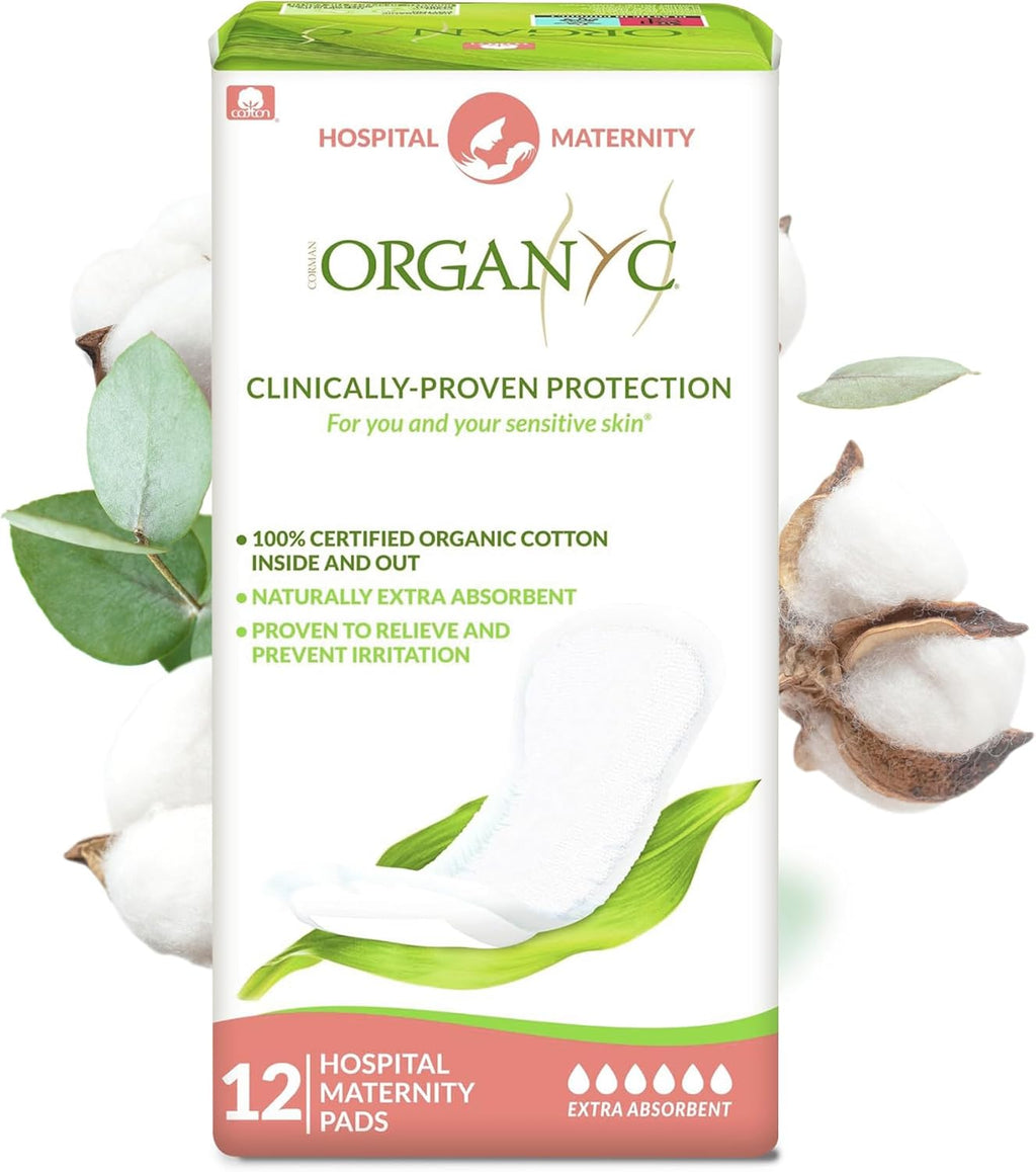 Organyc Hospital Postpartum Pads, 100% Certified Organic Cotton Inside and Out for Women, for First Days After Delivery, 12 Counts