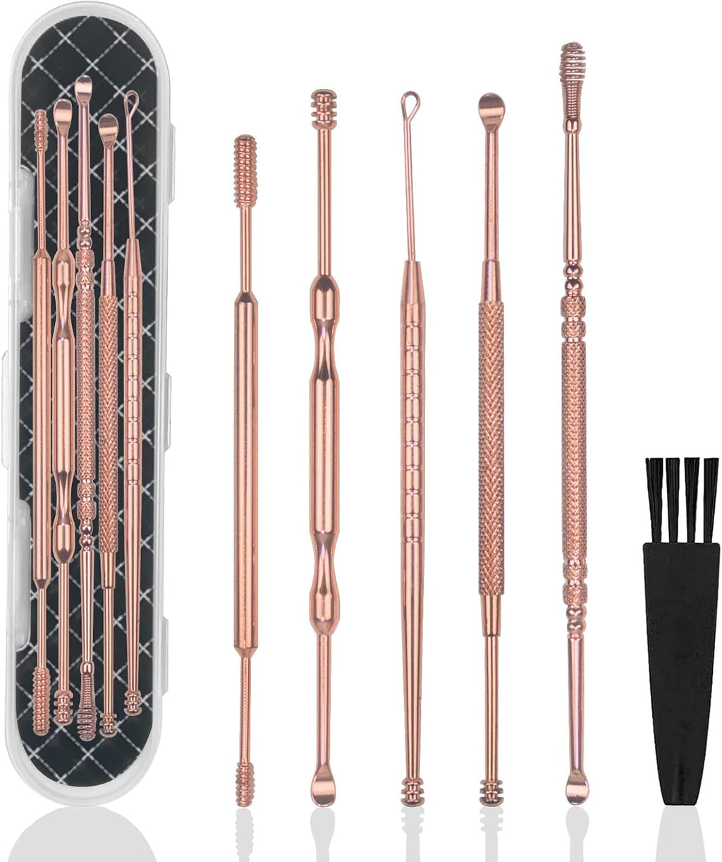 Hion 6 Pcs Ear Wax Removal Kit,Professional Double-Headed Ear Pick Earwax Removal Tools,316L Stainless Steel Ear Cleaner Curette with Cleaning Brush and Storage Box,Suit for Kid Adult(Rose Gold)