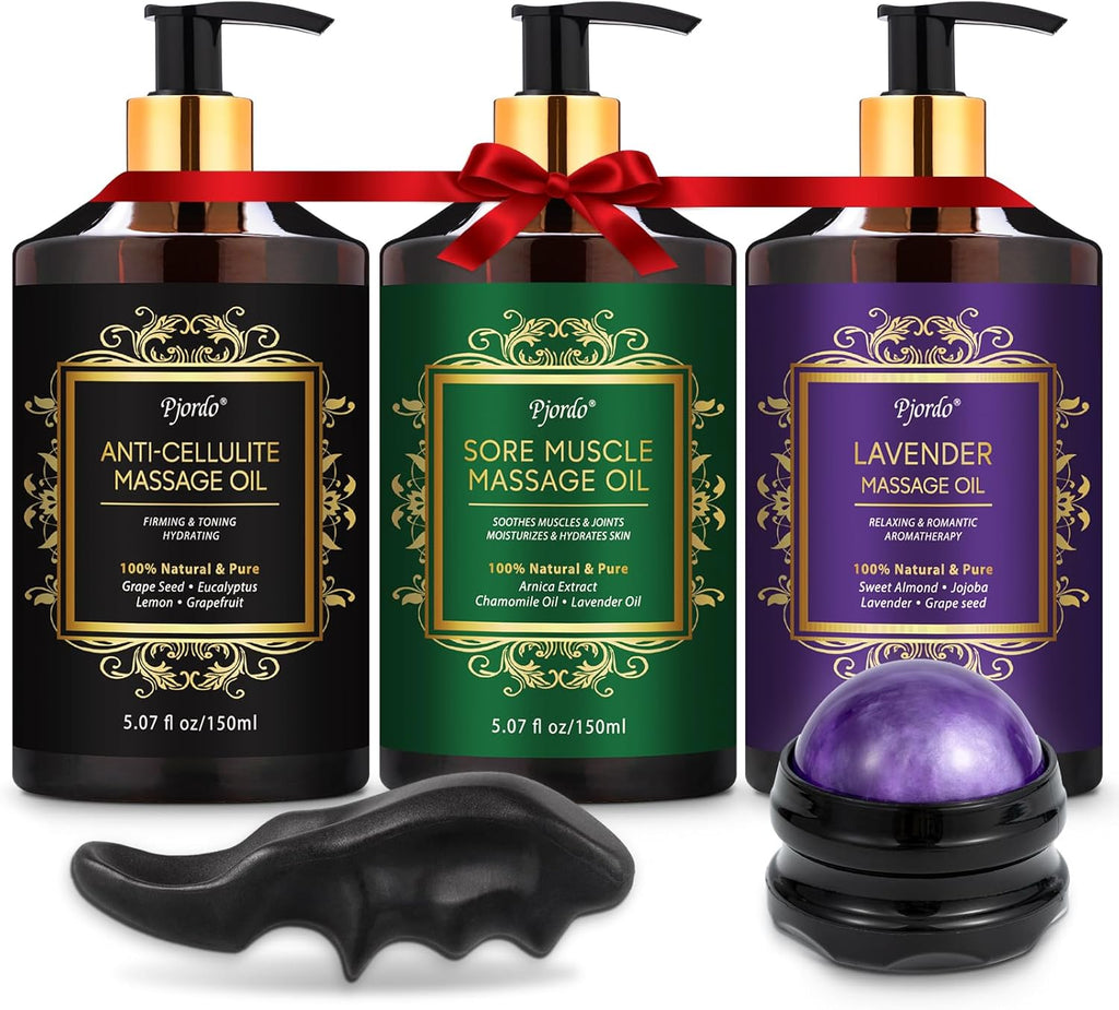 Pjordo 3 Pack Massage Oil for Massage Therapy, Lavender Oil for Relaxation, Sore Muscle Arnica Oil & Cellulite Massage Oil, with Massage Roller Ball & Thumb Saver Tool, Mothers Day Gifts for Wife