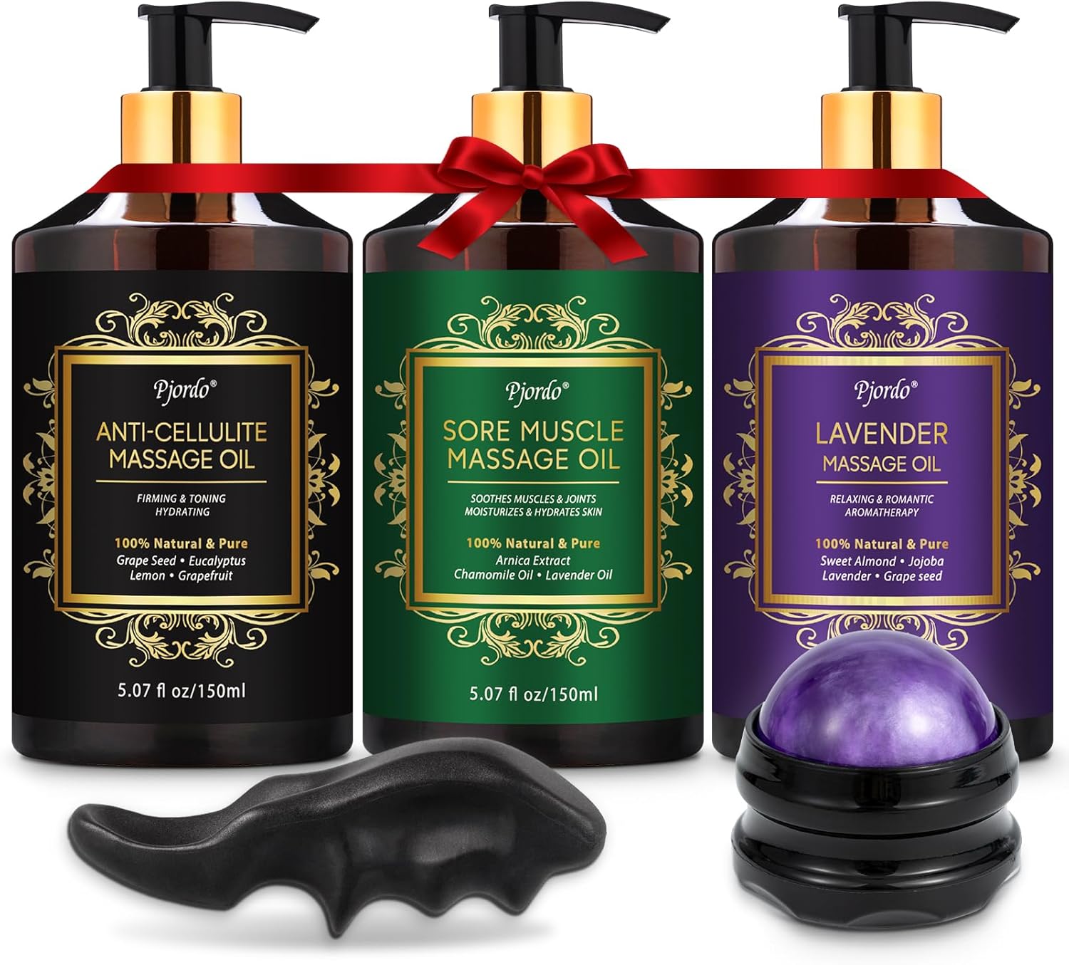 Pjordo 3 Pack Massage Oil for Massage Therapy, Lavender Oil for Relaxation, Sore Muscle Arnica Oil & Cellulite Massage Oil, with Massage Roller Ball & Thumb Saver Tool, Mothers Day Gifts for Wife