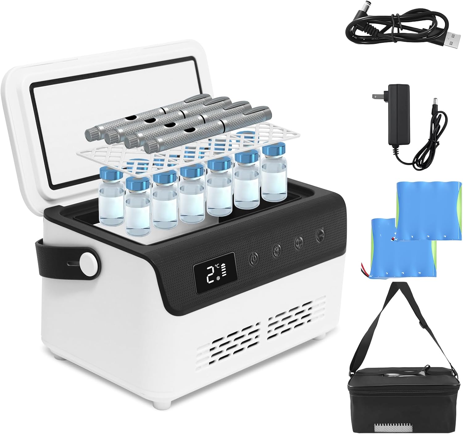 Electric Insulin Cooler Travel Case Box, Mini Insulin Fridge, Portable Insulin Refrigerator Diabetic Cooler Box for 4-5 Pens, 2-18℃ Temperature Control, with Handle, Power Supply, Rechargeable Battery