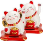 Youeon 2 Pcs Lucky Cat Waving Arm, Small Solar Waving Cat, Cute White Beckoning Cat Welcoming Cat, Maneki Neko as Good Luck Decor for Home, Office, Car, Stores, Restaurants