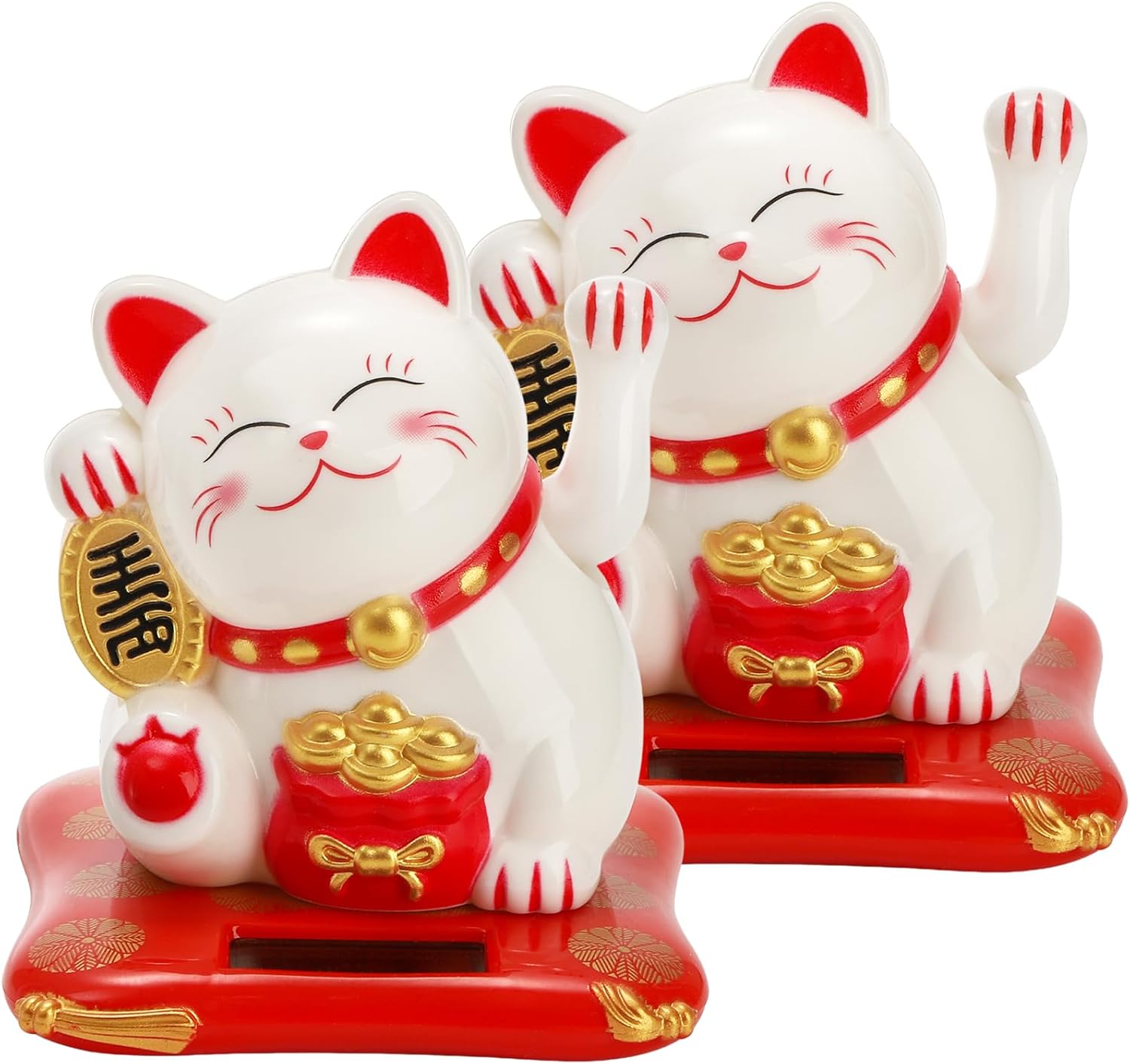 Youeon 2 Pcs Lucky Cat Waving Arm, Small Solar Waving Cat, Cute White Beckoning Cat Welcoming Cat, Maneki Neko as Good Luck Decor for Home, Office, Car, Stores, Restaurants