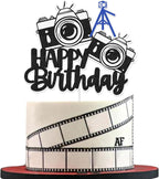 Photographer Cake Topper Outdoor Photography Happy Birthday Cake Decorations for Men Women Boys Girls Camera Tripod Party Decoration (Black Glitter)