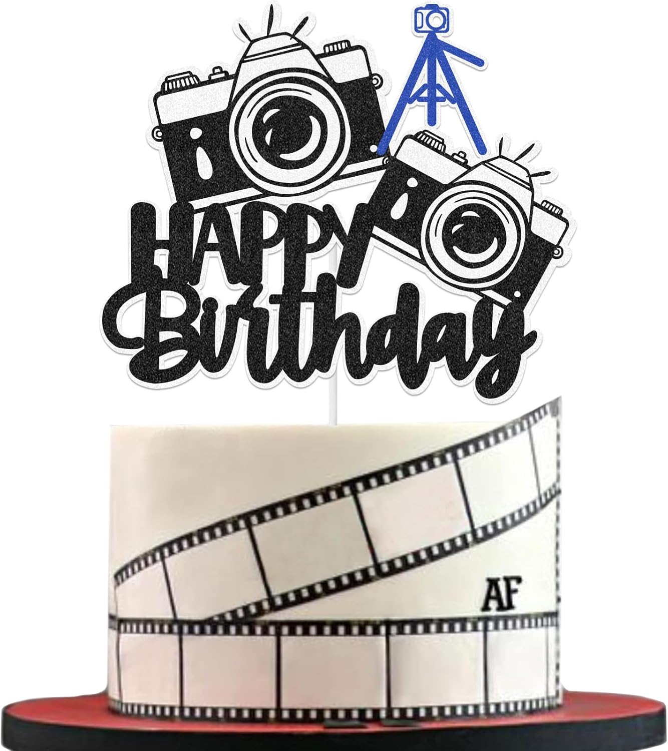 Photographer Cake Topper Outdoor Photography Happy Birthday Cake Decorations for Men Women Boys Girls Camera Tripod Party Decoration (Black Glitter)