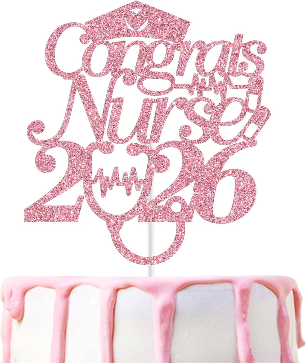 Congrats Nurse 2026 Cake Topper, Future RN/BSN/NP/LPN, Nursing School Grauation Party Decorations Supplies, Pink Glitter