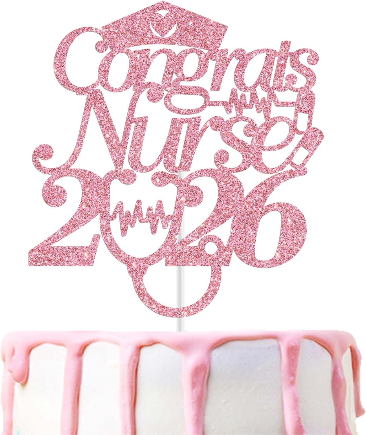 Congrats Nurse 2026 Cake Topper, Future RN/BSN/NP/LPN, Nursing School Grauation Party Decorations Supplies, Pink Glitter