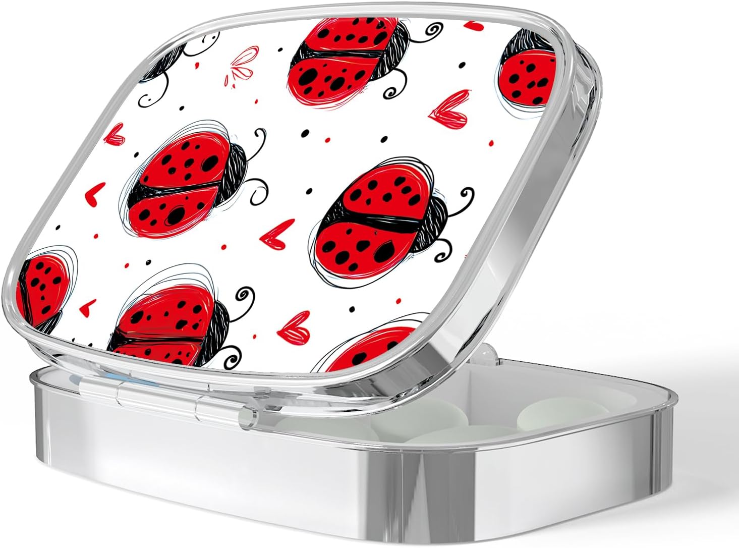 Pill Box-2 Compartment Small Pill Case Portable for Pocket & Purse Single Pill Carrier Pill Container to Hold Vitamins Medication Fish Oil and Supplements BPA-Free(Ladybugs)
