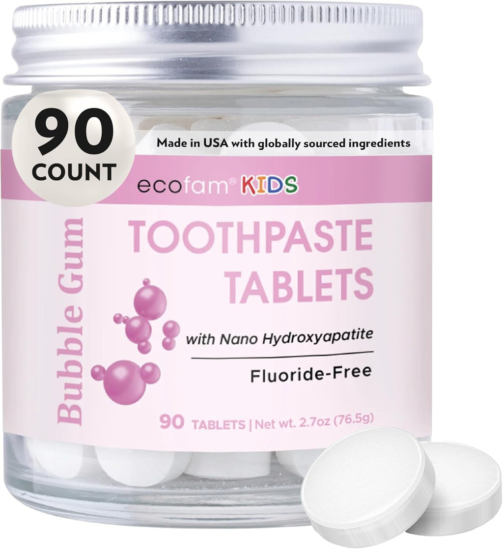 EcoFam Toothpaste Tablets – Bubblegum | Nano Hydroxyapatite Toothpaste Tablets Kids - Chewable - Made with Xylitol | Fluoride Free l 90 Tabs