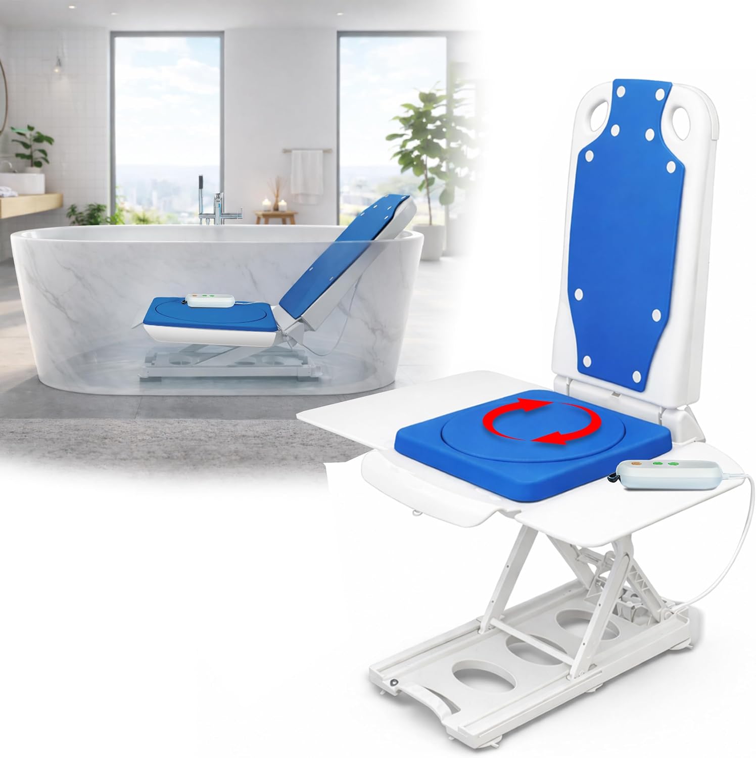 Platinum Health Tranquilo Premium Electric Bath Lift with Padded, SAFESWIVEL Rotating SEAT and Electric Recline. 300lb. Lifting Capacity and Extra High Lifting Range up to 21.5 inches.