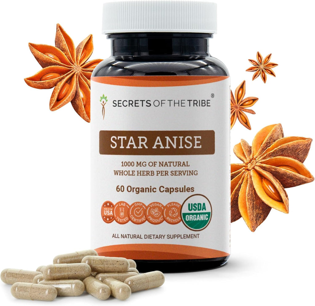 Secrets of the Tribe Star Anise 60 Capsules, 1000 mg, USDA Organic Star Anise (Illicium verum) Dried Seed (60 Capsules)