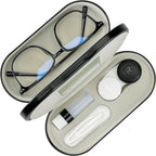 2 in 1 Contact Lens Case and Glasses Case, Double Sided Dual Use Design with Mirror, Tweezer and Contact Lens Solution Bottle, Portable Soak Storage Kit for Travel, Office (Black)