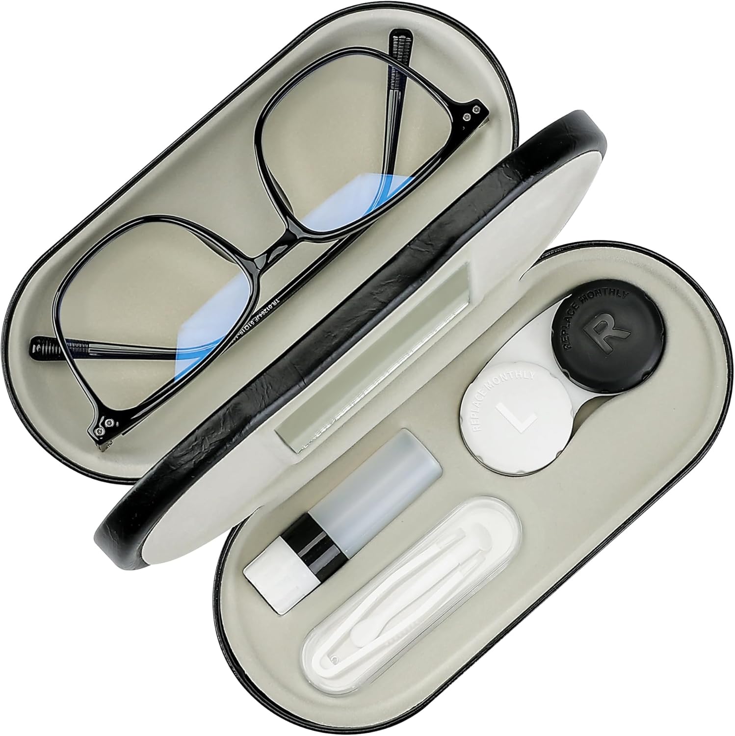 2 in 1 Contact Lens Case and Glasses Case, Double Sided Dual Use Design with Mirror, Tweezer and Contact Lens Solution Bottle, Portable Soak Storage Kit for Travel, Office (Black)