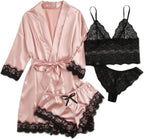 Women Lingerie Sleepwear Satin Pajamas Set 4pcs Lace Cami Nightgown with Robe