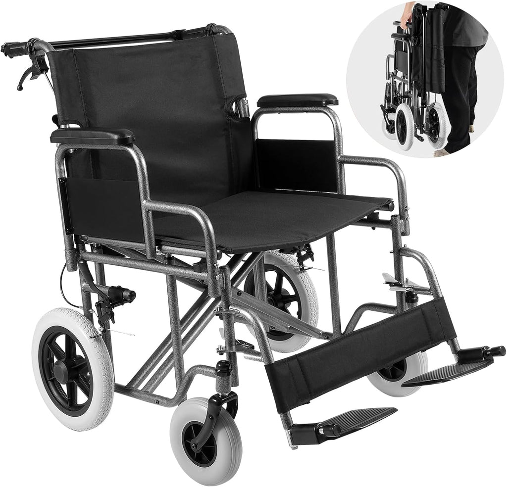VEVOR Wheelchair, Carbon Steel Transport Chair for Adults, Foldable Wheelchair with Detachable Armrest, Self-Locking Brake, 24-Inch Wide Seat, 300lbs Weight Capacity, for The Disabled Move Freely
