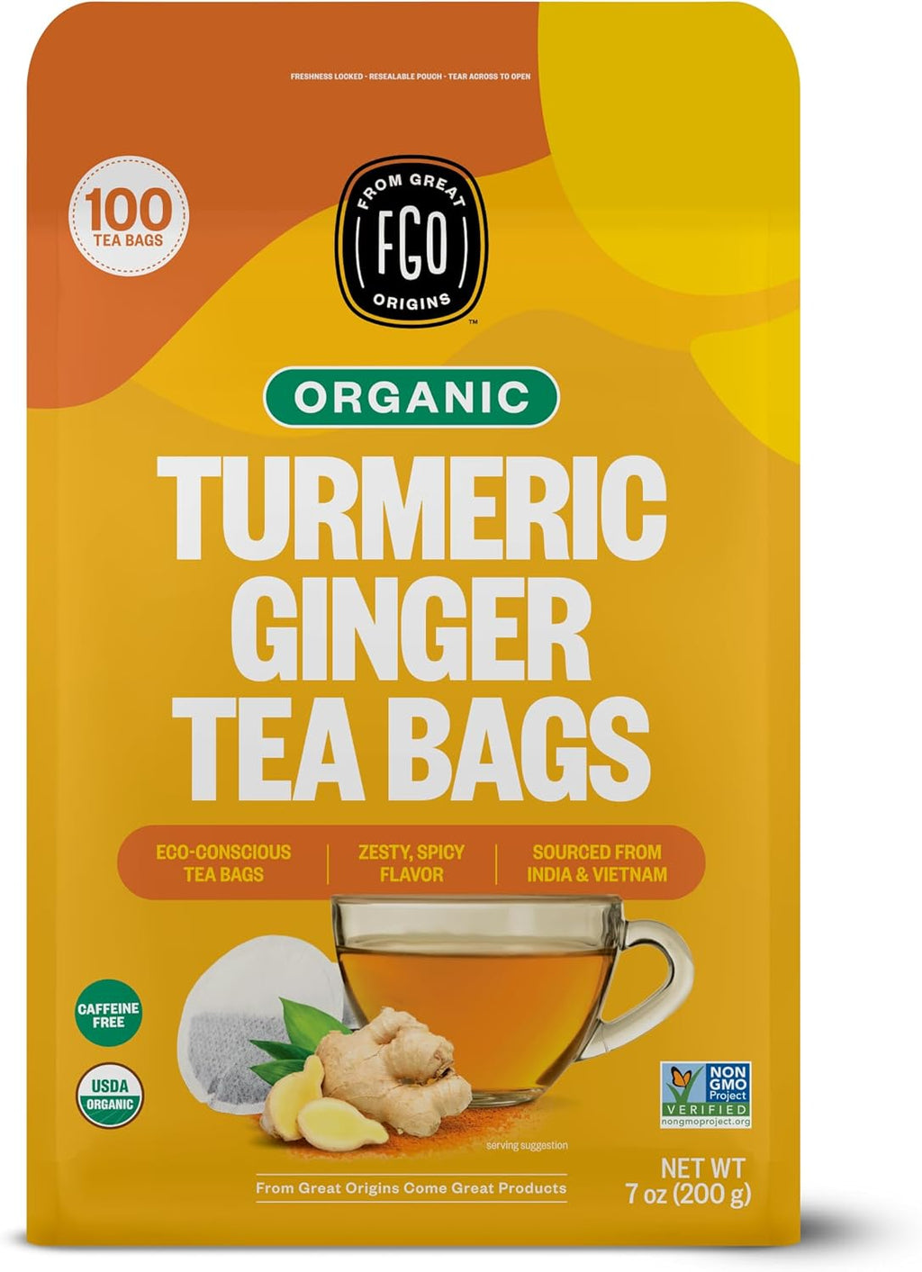 FGO Organic Turmeric Ginger Tea, Eco-Conscious Tea Bags, 100 Count, Packaging May Vary (Pack of 1)