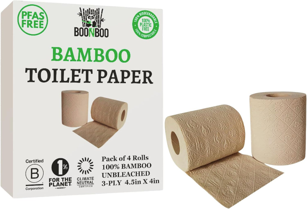 BOONBOO Bamboo Toilet Paper, 3-Ply Unbleached, 4 Rolls