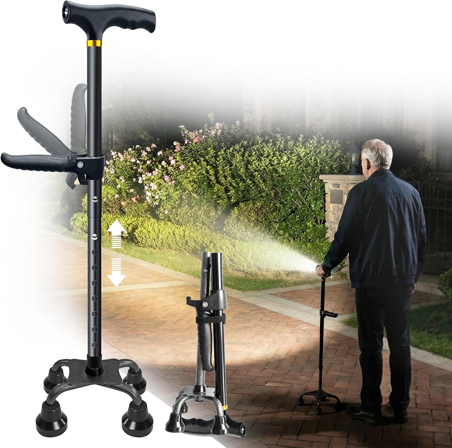 Walking Cane with LED Light for Women Men,Adjustable Folding Walking Canes for Seniors Balance(350LB),Large Base 4 Prong Quad Cane for Extra Stability,Self Standing Walking Stick with Light&2nd Handle