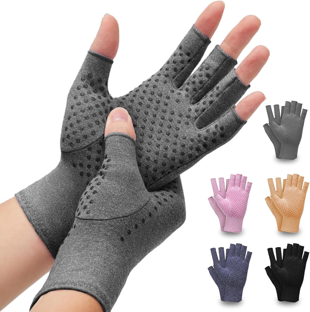 DRNAIETY 2 Pairs Arthritis Compression Gloves- for Hand Arthritis, Carpal Tunnel Pain, Rheumatoid Arthritis, RSI, Fingerless, Anti-Slip, Breathable Gloves for Men & Women, Typing, Daily Use(S, Gray)