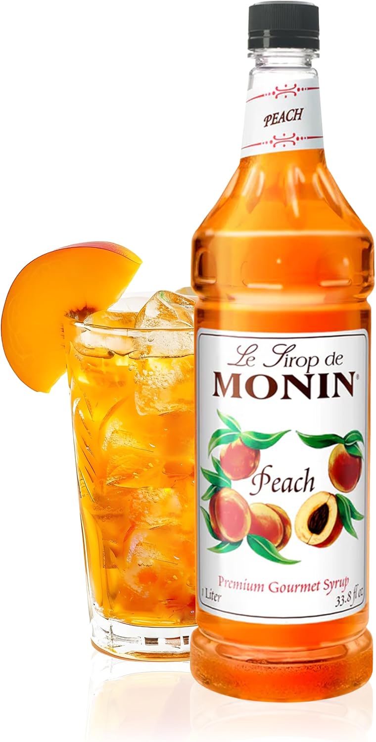 Monin - Peach Syrup, Fresh and Juicy Flavors, Great for Iced Teas, Lemonades, and Sodas, Non-GMO, Gluten-Free (1 Liter)