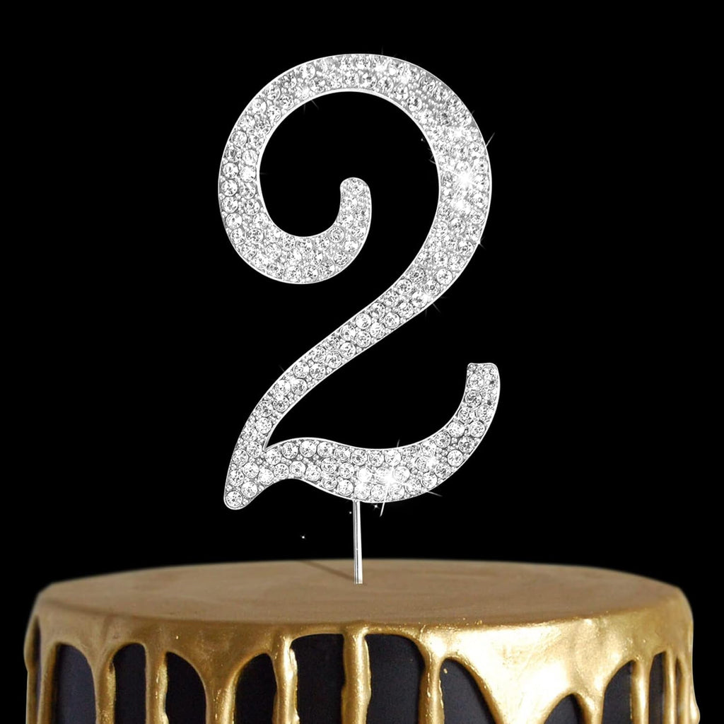 Number Cake Topper 2, UNIIDECO Silver Rhinestone Premium Metal Bling Bling Cake Decor, Sparkly Happy Birthday Wedding Anniversary Party Decoration Centerpiece (Silver, 2)