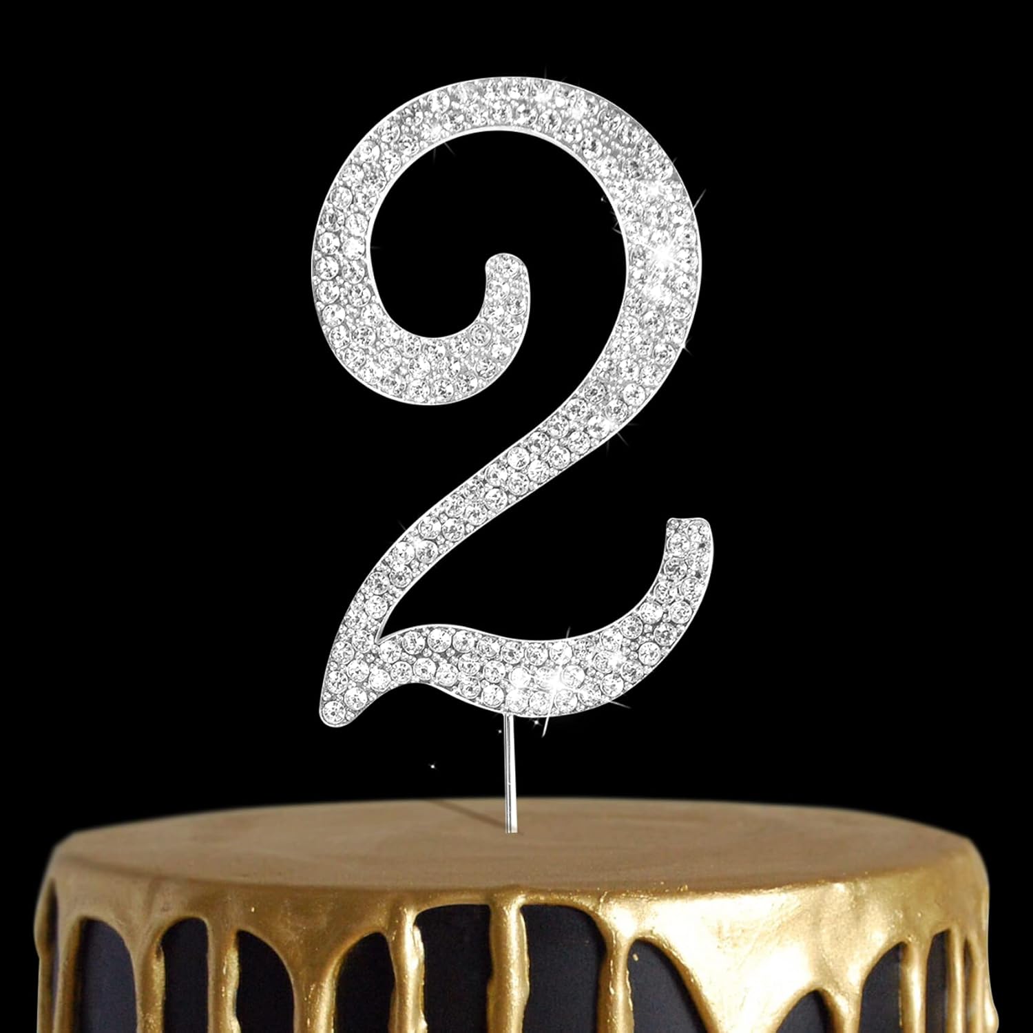Number Cake Topper 2, UNIIDECO Silver Rhinestone Premium Metal Bling Bling Cake Decor, Sparkly Happy Birthday Wedding Anniversary Party Decoration Centerpiece (Silver, 2)