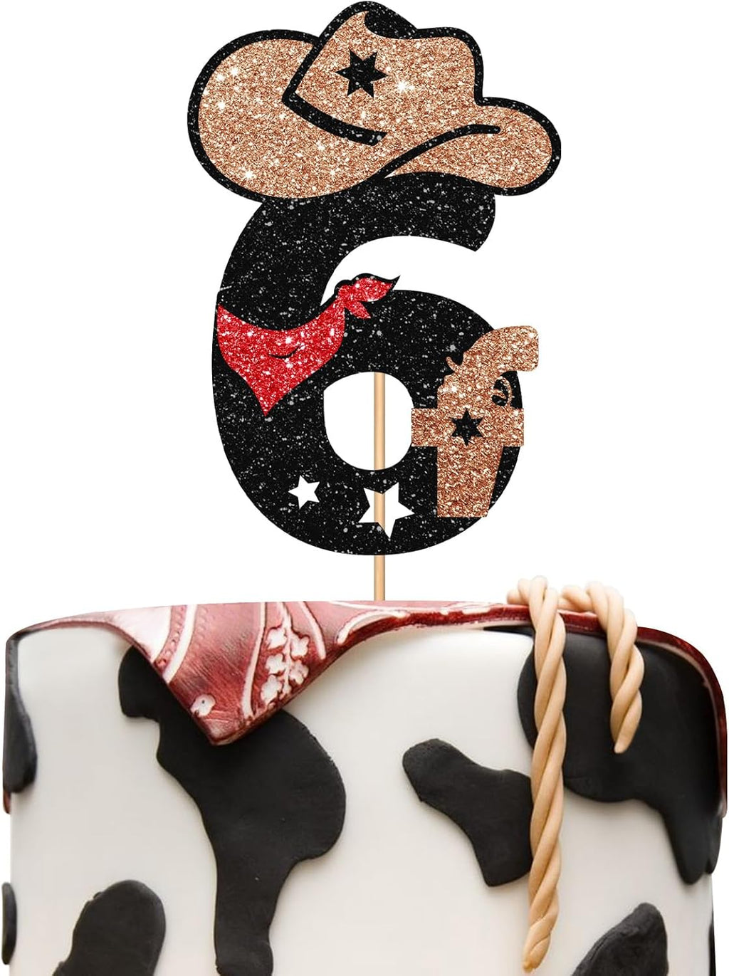 Cowboy 6th Birthday Cake Topper - Little Six Years Old Rodeo Western Party Decoration - My 6th Theme Party Supplies - Black & Brown Glitter