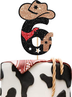 Cowboy 6th Birthday Cake Topper - Little Six Years Old Rodeo Western Party Decoration - My 6th Theme Party Supplies - Black & Brown Glitter