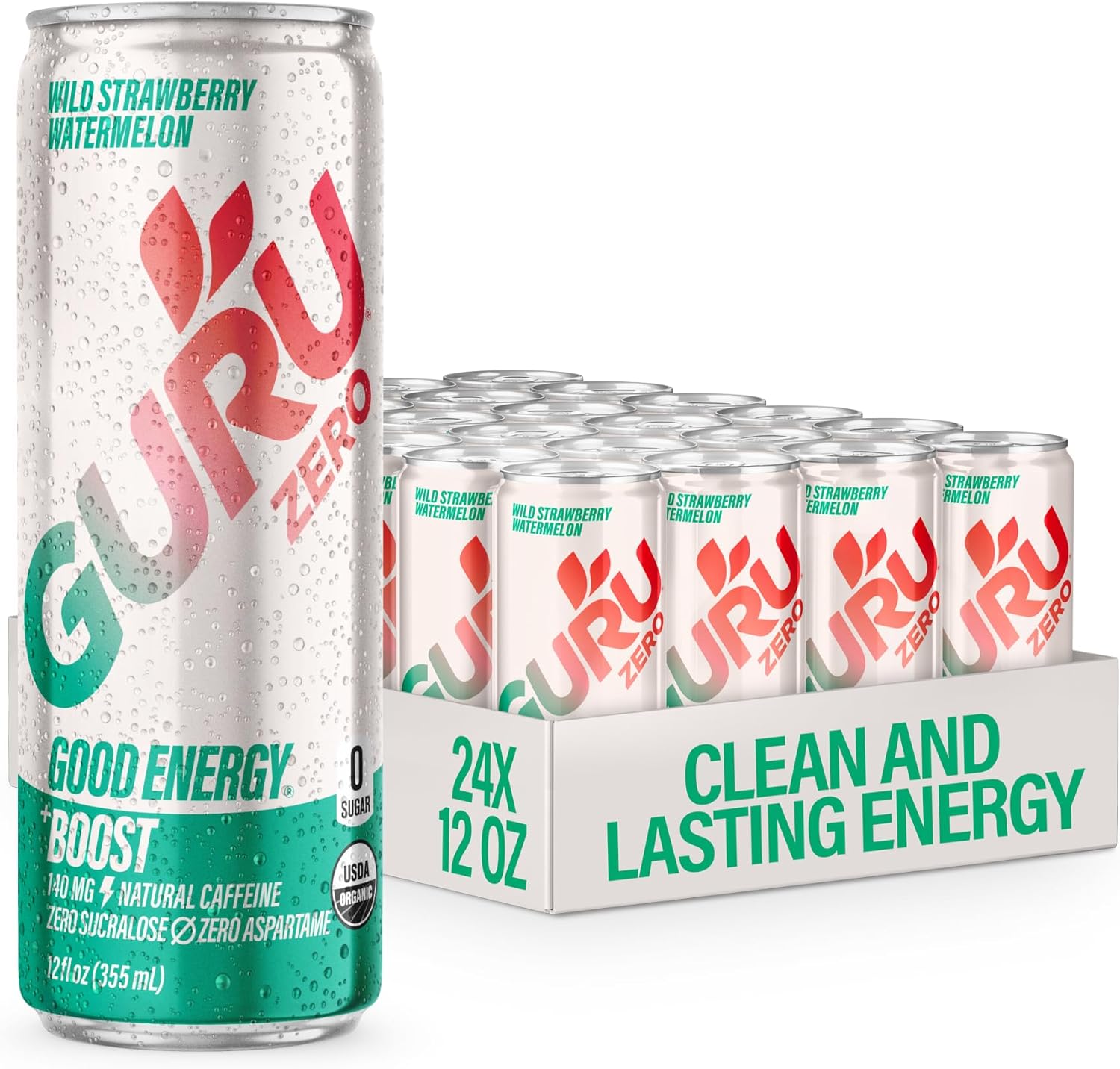 GURU ZERO SUGAR Wild Strawberry Watermelon Organic Energy Drinks, Clean Energy Drink with Plant Based Natural Caffeine from Green Tea, Coconut Water, Prebiotic, Zero Added sugars, Gluten Free and Vegan, Pre Workout, Healthy Drinks, 12oz (Pack of 24)