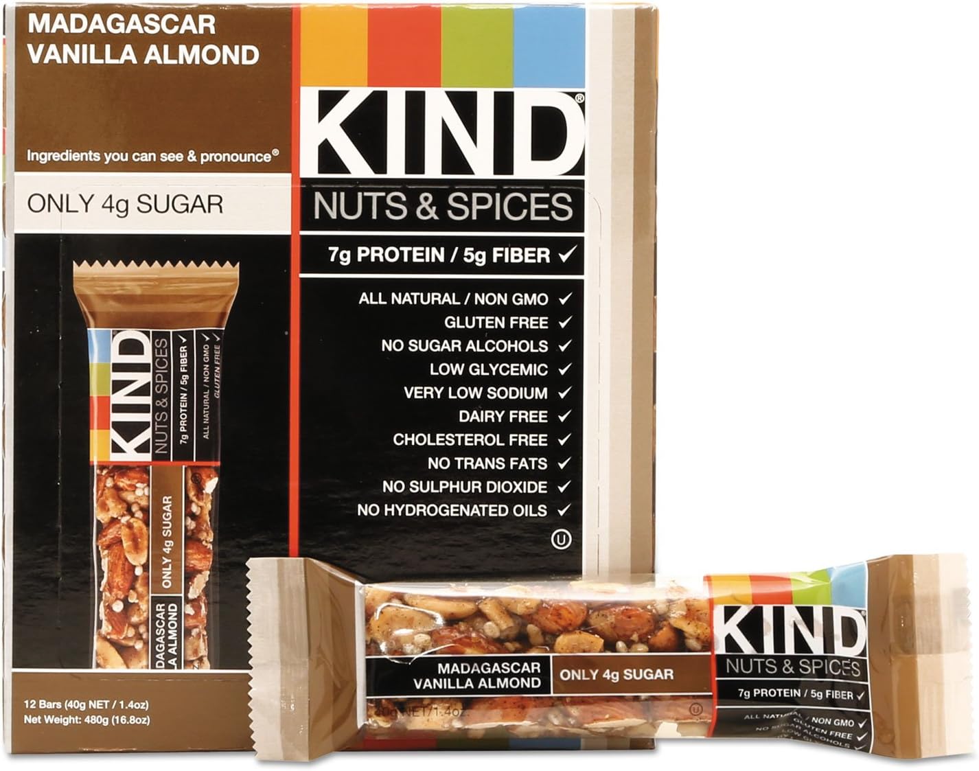KIND Nuts & Spices, Madagascar Vanilla Almond, 12 Bars