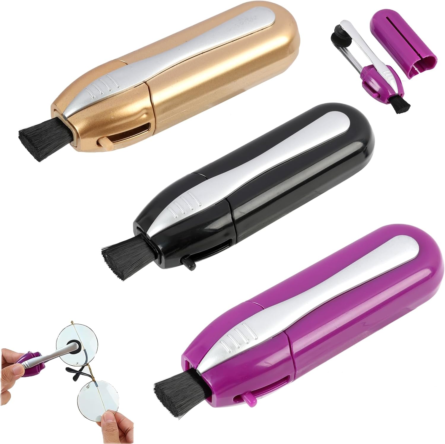 Eyeglass Cleaner 3Pcs Set, Glasses Cleaner Easy to Carry Lens Cleaning Set with Microfiber Cloth & Mini Brush, Portable for Eyeglasses/Sunglasses (Gold, Black, Purple)