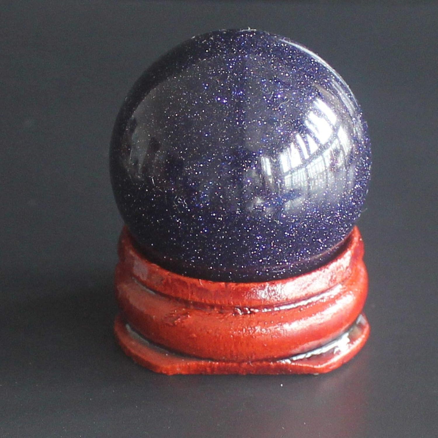 Mixed Gemstone Sphere Ball with Wood Stand Stone Crystal Ball Chakra Healing Crystal Reiki Crafts (Blue Goldstone)