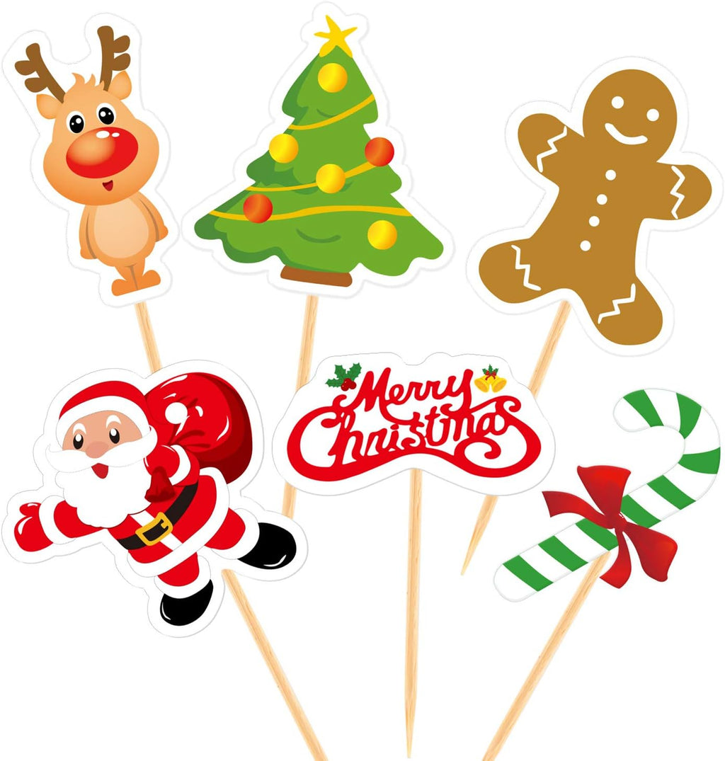 FEPITO 60 Pieces Christmas Cupcake Toppers Picks Merry Christmas Toothpick Flags for Cake Decorations Party Holiday Supplies