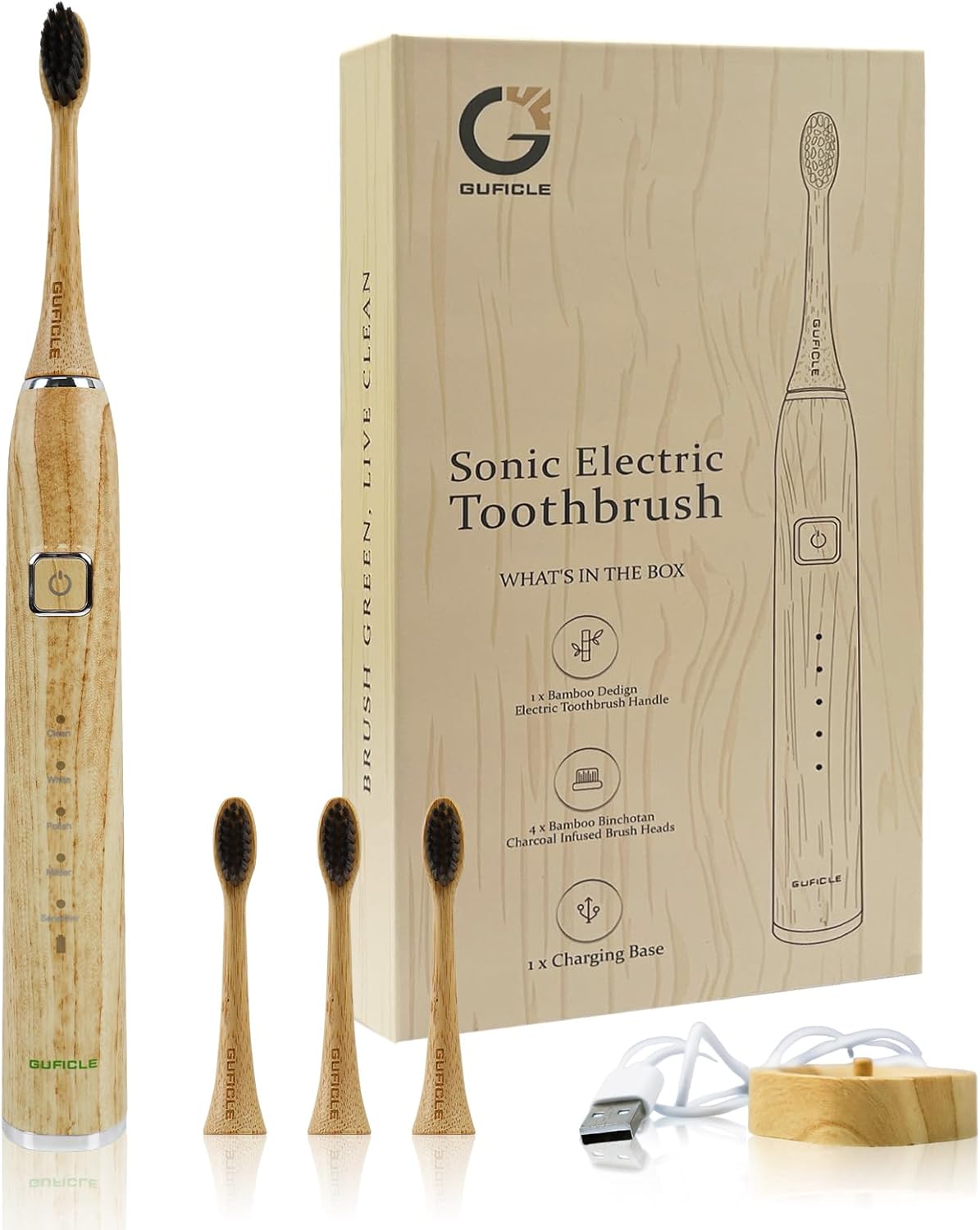 Bamboo Electric Toothbrush with 4 Charcoal Infused Bamboo Brush Heads, 5 Modes, Sonic Technology, 38,000 VPM, 80-Day Battery Life, IPX7 Waterproof, Smart Timer for Adults